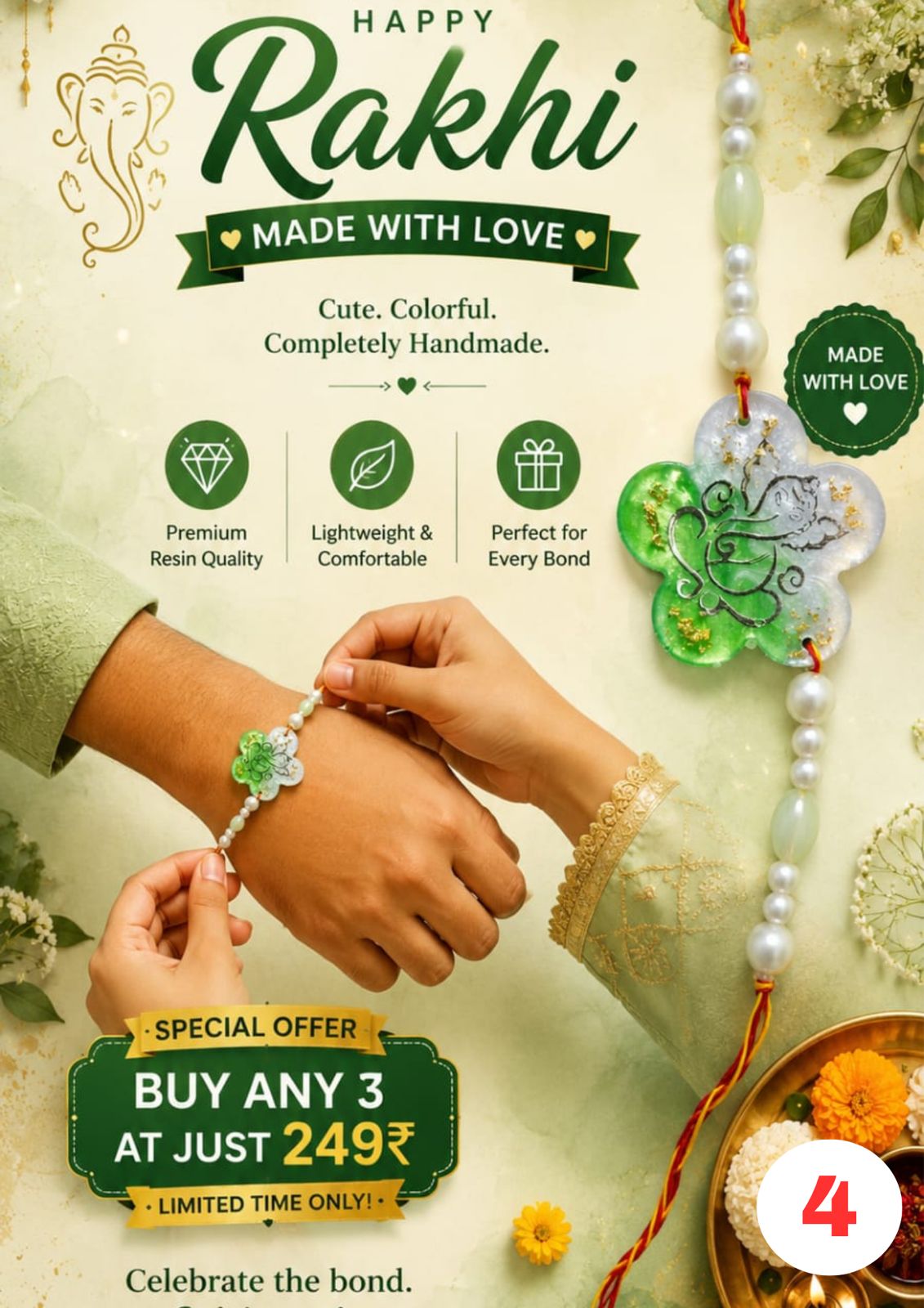 Green Ganesha Floral Resin Rakhi for Adults - Santkart