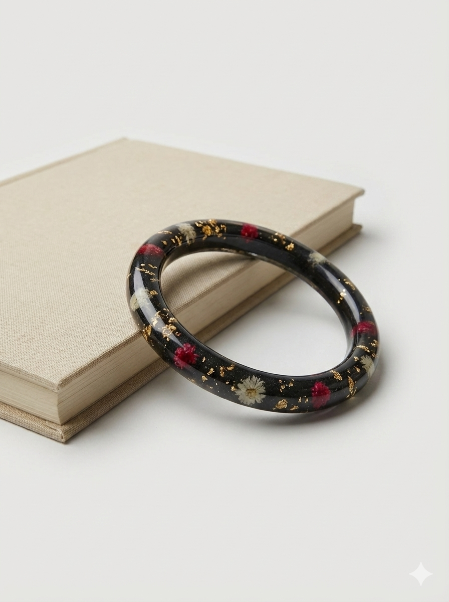 Shiny Resin Black Bangle With Real Flowers