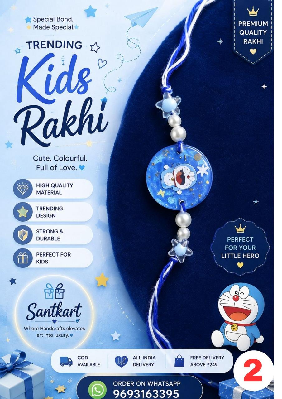 Doraemon Blue Round Resin Rakhi for Kids