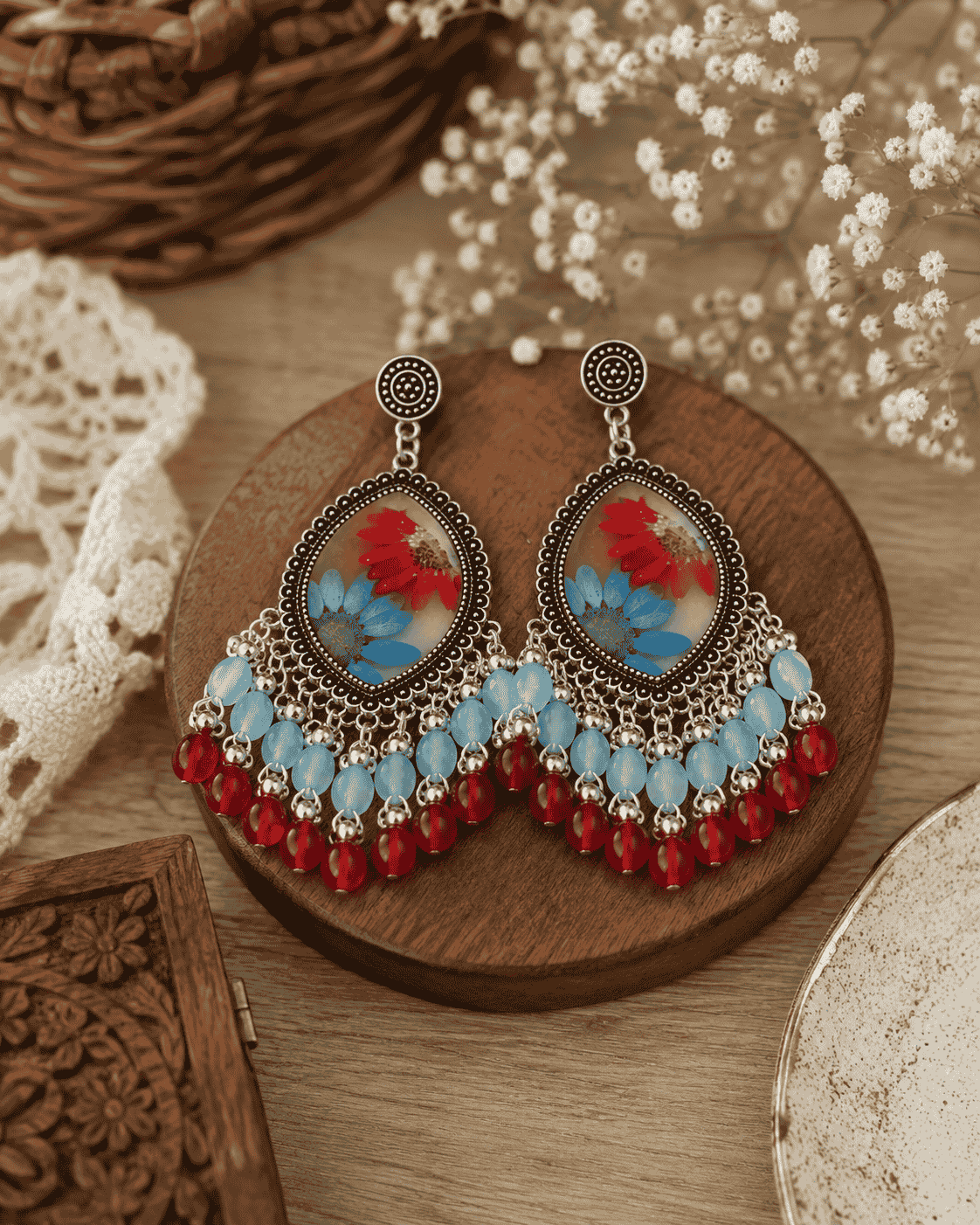 Handcrafted Floral Resin Jhumka Earrings – Multicolor Bloom