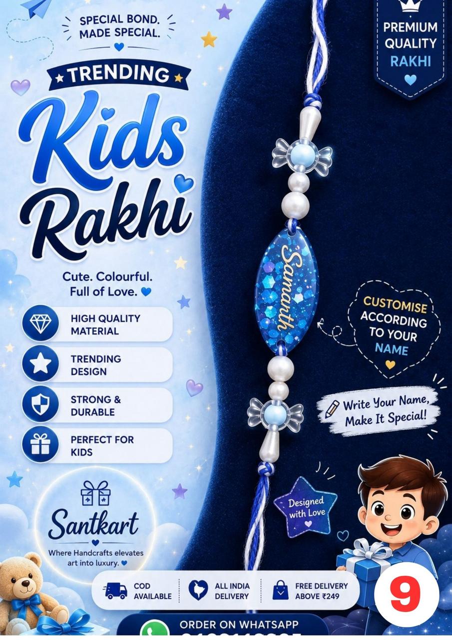Kids Personalized Blue Glitter Name Resin Rakhi