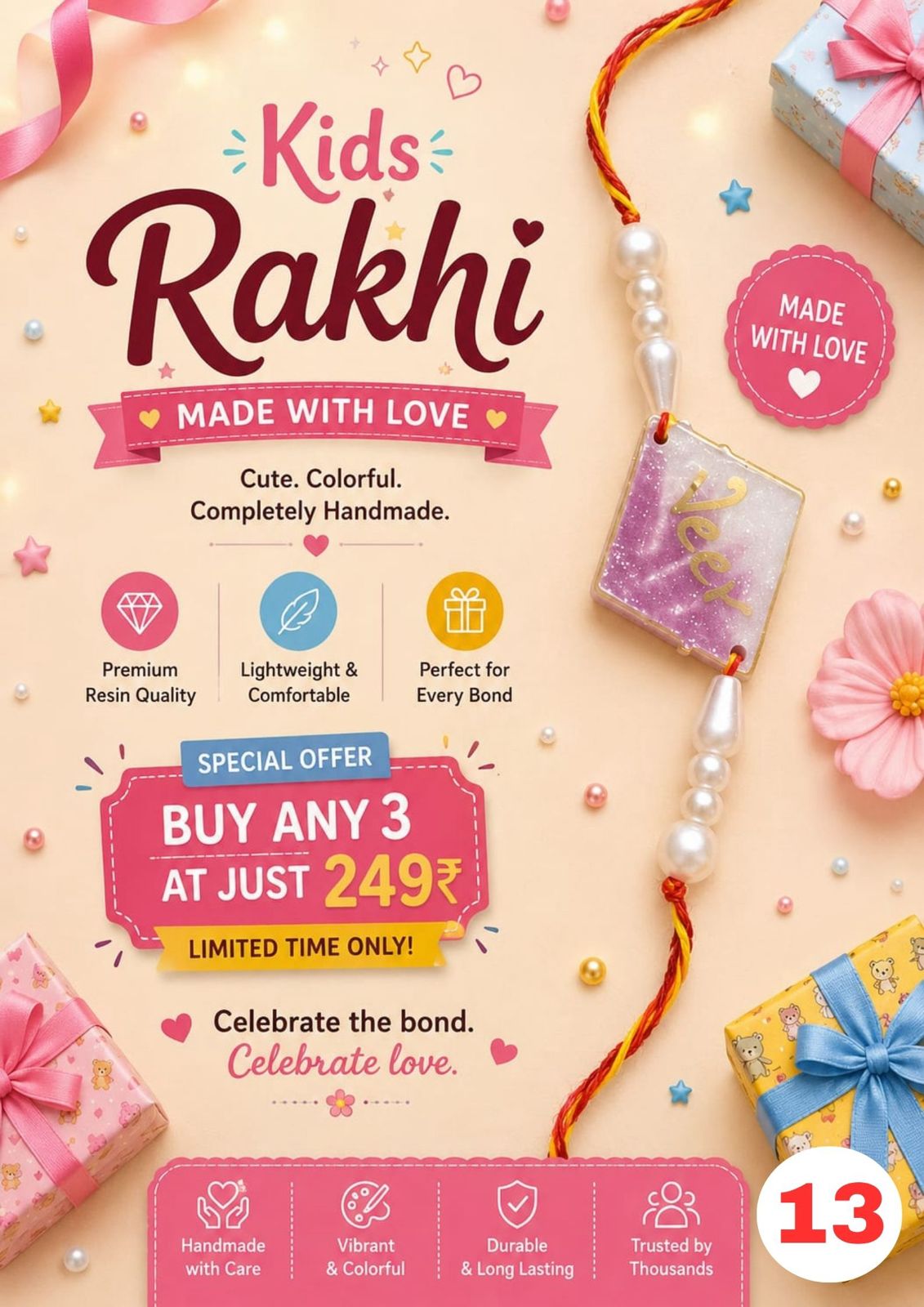 Kids Personalized Purple Glitter Resin Rakhi