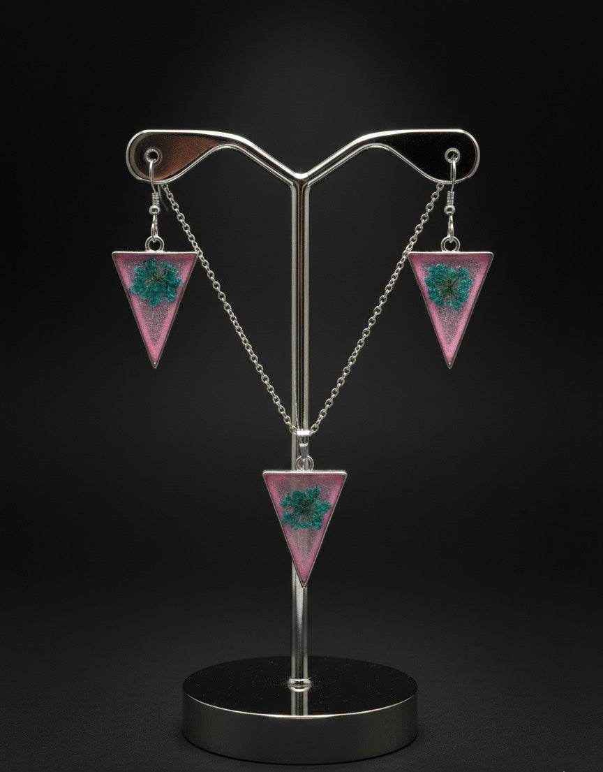 Teal Flower Pink Resin Necklace & Earrings