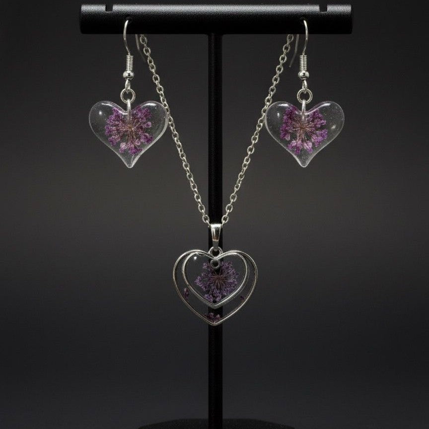 Purple Floral Heart Resin Necklace & Earrings Set